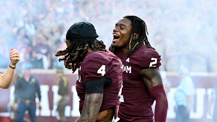 Sep 27, 2025; College Station, Texas, USA; Texas A&M Aggies cornerback Will Lee III (4) and cornerback Dezz Ricks (2) react after the game against the Auburn Tigers at Kyle Field. Mandatory Credit: Maria Lysaker-Imagn Images