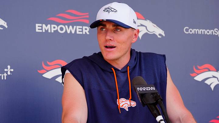 Jun 16, 2026; Englewood, CO, USA; Denver Broncos quarterback Bo Nix (10) speaks to the media following mini camp drills at Broncos Park. 