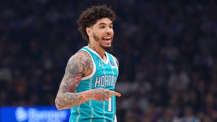 Mar 8, 2026; Phoenix, Arizona, USA; Charlotte Hornets guard LaMelo Ball (1) reacts after making a basket against the Phoenix Suns during the first half at Mortgage Matchup Center. Mandatory Credit: Joe Camporeale-Imagn Images