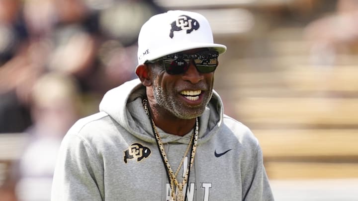 Sep 6, 2025; Boulder, Colorado, USA; Colorado Buffaloes head coach Deion Sanders before the game against the Delaware Fightin Blue Hens at Folsom Field. Mandatory Credit: Ron Chenoy-Imagn Images