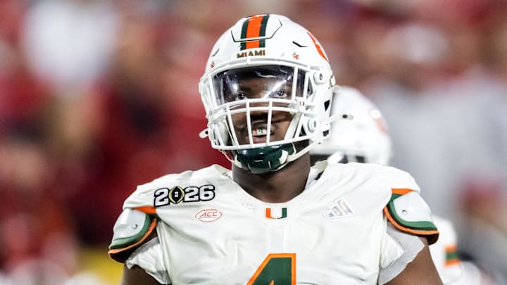Jan 19, 2026; Miami Gardens, FL, USA; Miami Hurricanes defensive lineman Rueben Bain Jr. (4) against the Indiana Hoosiers during the College Football Playoff National Championship game at Hard Rock Stadium. Mandatory Credit: Mark J. Rebilas-Imagn Images