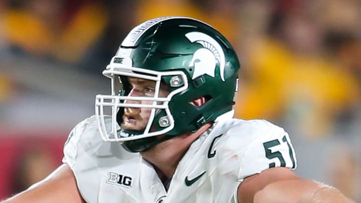 Michigan State center Matt Gulbin gets ready to throw a block during the Spartans' game against the USC Trojans on Sept. 20, 2025. Michigan State center Matt Gulbin gets ready to throw a block during the Spartans' game against the USC Trojans on Sept. 20, 2025.