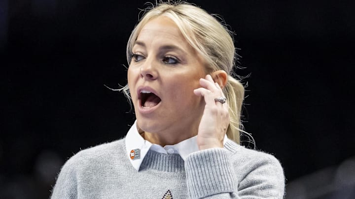 Mar 6, 2026; Kansas City, MO, USA; Arizona State head coach Molly Miller reacts to a play against West Virginia during the first half at T-Mobile Center. Mandatory Credit: Nick Tre. Smith-Imagn Images