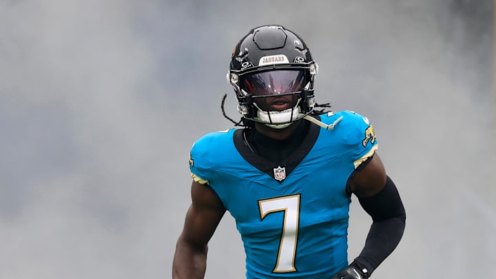 Jacksonville Jaguars wide receiver Brian Thomas Jr. (7) runs on the field before an NFL football matchup at EverBank Stadium, Sunday, Jan. 4, 2026, in Jacksonville, Fla. The Jaguars defeated the Titans 41-7, capturing the AFC South title. Jacksonville Jaguars wide receiver Brian Thomas Jr. (7) runs on the field before an NFL football matchup at EverBank Stadium, Sunday, Jan. 4, 2026, in Jacksonville, Fla. The Jaguars defeated the Titans 41-7, capturing the AFC South title.