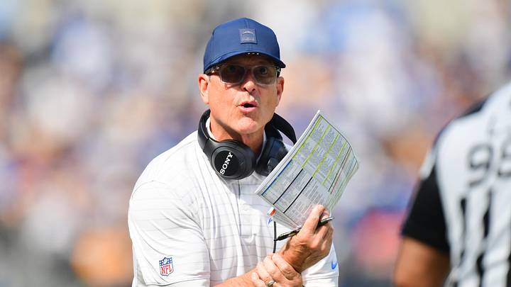 Oct 19, 2025; Inglewood, California, USA; Los Angeles Chargers head coach Jim Harbaugh reacts in the first half against the Indianapolis Colts at SoFi Stadium. Mandatory Credit: Gary A. Vasquez-Imagn Images Oct 19, 2025; Inglewood, California, USA; Los Angeles Chargers head coach Jim Harbaugh reacts in the first half against the Indianapolis Colts at SoFi Stadium. Mandatory Credit: Gary A. Vasquez-Imagn Images