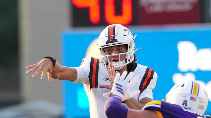 Sep 6, 2025; Greenville, North Carolina, USA; Campbell Fighting Camels quarterback Kamden Sixkiller (6) throws the ball under pressure by East Carolina Pirates defensive lineman Jasiyah Robinson (8) during the first half at Dowdy-Ficklen Stadium. Mandatory Credit: James Guillory-Imagn Images Sep 6, 2025; Greenville, North Carolina, USA; Campbell Fighting Camels quarterback Kamden Sixkiller (6) throws the ball under pressure by East Carolina Pirates defensive lineman Jasiyah Robinson (8) during the first half at Dowdy-Ficklen Stadium. Mandatory Credit: James Guillory-Imagn Images