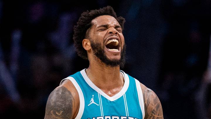 Charlotte Hornets forward Miles Bridges (0) celebrates after taking the lead against the Brooklyn Nets during the fourth quarter at Spectrum Center on March 8, 2025. Charlotte Hornets forward Miles Bridges (0) celebrates after taking the lead against the Brooklyn Nets during the fourth quarter at Spectrum Center on March 8, 2025.