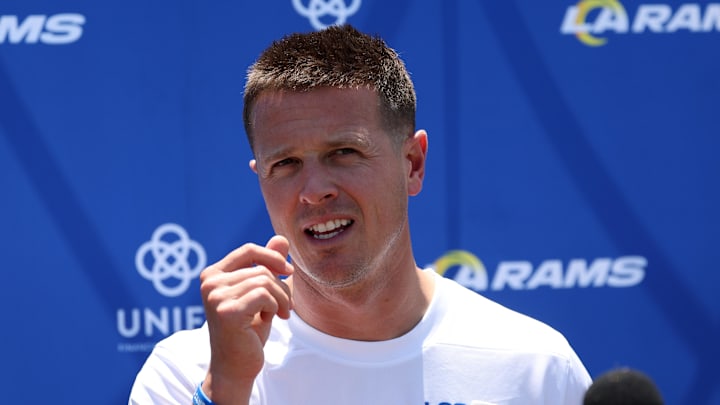 Jul 31, 2024; Los Angeles, CA, USA;  Los Angeles Rams offensive coordinator Mike LaFleur speaks to the media after training camp at Loyola Marymount University. Mandatory Credit: Kiyoshi Mio-Imagn Images
