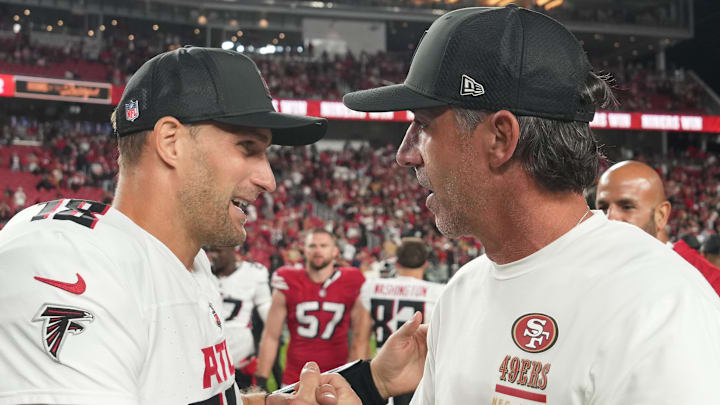 Atlanta Falcons quarterback Kirk Cousins (18) greets San Francisco 49ers head coach Kyle Shanahan Atlanta Falcons quarterback Kirk Cousins (18) greets San Francisco 49ers head coach Kyle Shanahan