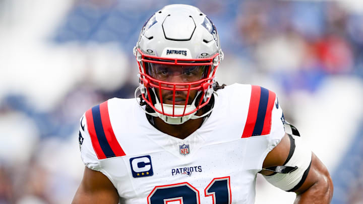 Nov 3, 2024; Nashville, Tennessee, USA;  New England Patriots defensive end Deatrich Wise Jr. (91) warms up before a game against the Tennessee Titans at Nissan Stadium. Mandatory Credit: Steve Roberts-Imagn Images