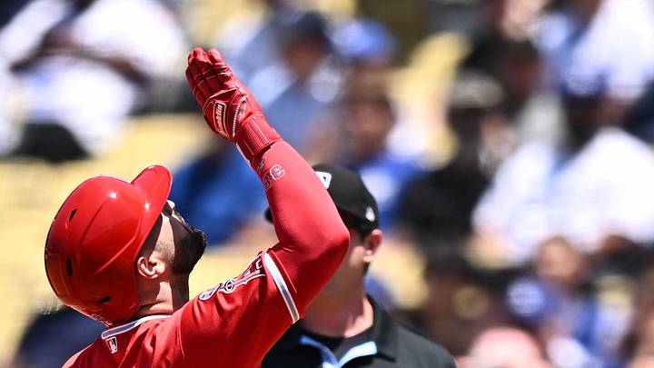 Angels catcher Sebastián Rivero (38) reacts at first base after hitting an RBI single against the Los Angeles Dodgers during the second inning at Dodger Stadium on June 7. Angels catcher Sebastián Rivero (38) reacts at first base after hitting an RBI single against the Los Angeles Dodgers during the second inning at Dodger Stadium on June 7.