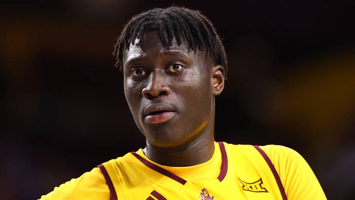 Mar 3, 2026; Tempe, Arizona, USA; Arizona State Sun Devils center Massamba Diop (35) against the Kansas Jayhawks at Desert Financial Arena. Mandatory Credit: Mark J. Rebilas-Imagn Images