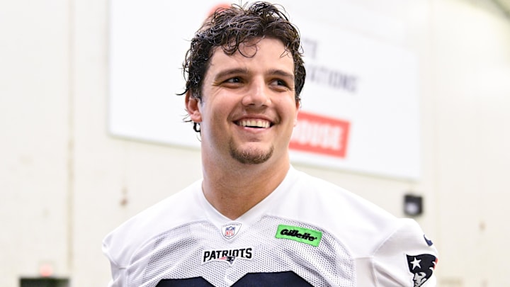 Jun 10, 2025; Foxborough, MA, USA; New England Patriots offensive tackle Will Campbell (66) speaks to the media after minicamp held in the WIN Field House at Gillette Stadium. Mandatory Credit: Eric Canha-Imagn Images