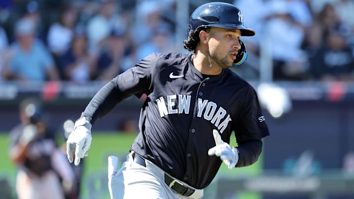 Mar 2, 2025; North Port, Florida, USA;  New York Yankees outfielder Everson Pereira (80) singles during the fourth inning against the Atlanta Braves at CoolToday Park