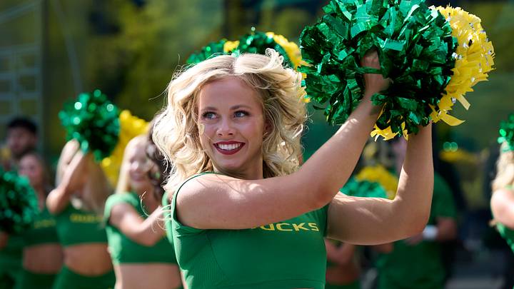 Sep 5, 2026; Eugene, Oregon, USA; The Oregon cheer team perform for fans before a game between the Oregon Ducks and the Boise State Broncos at Autzen Stadium. Mandatory Credit: Troy Wayrynen-Imagn Images Sep 5, 2026; Eugene, Oregon, USA; The Oregon cheer team perform for fans before a game between the Oregon Ducks and the Boise State Broncos at Autzen Stadium. Mandatory Credit: Troy Wayrynen-Imagn Images