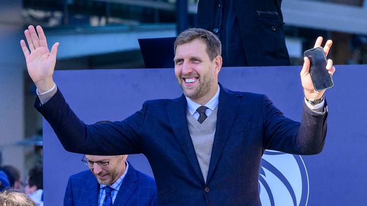 Dec 25, 2022; Dallas, Texas, USA; Former Dallas Mavericks power forward Dirk Nowitzki waves to the crowd during the ceremony for the unveiling of a statue in his honor at before the game between the Dallas Mavericks and the Los Angeles Lakers American Airlines Center . Mandatory Credit: Jerome Miron-USA TODAY Sports Dec 25, 2022; Dallas, Texas, USA; Former Dallas Mavericks power forward Dirk Nowitzki waves to the crowd during the ceremony for the unveiling of a statue in his honor at before the game between the Dallas Mavericks and the Los Angeles Lakers American Airlines Center . Mandatory Credit: Jerome Miron-USA TODAY Sports