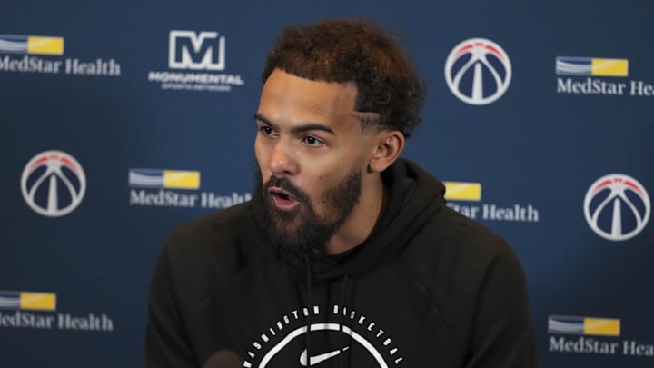 Feb 24, 2026; Atlanta, Georgia, USA; Washington Wizards guard Trae Young (3) meets with the media during his first return to play the Atlanta Hawks at State Farm Arena. Mandatory Credit: Dale Zanine-Imagn Images