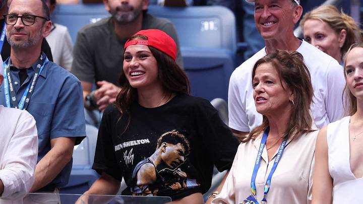 Trinity Rodman, the girlfriend of Ben Shelton, watches the trophy presentation after the men's singles final Trinity Rodman, the girlfriend of Ben Shelton, watches the trophy presentation after the men's singles final