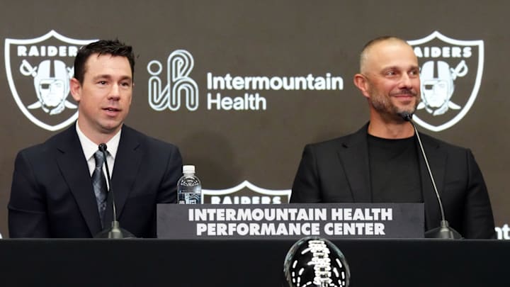 Feb 10, 2026; Henderson, NV, USA; Las Vegas Raiders coach Klint Kubiak (left) and general manager John Spytek at introductory press conference at Intermountain Health Performance Center. Mandatory Credit: Kirby Lee-Imagn Images