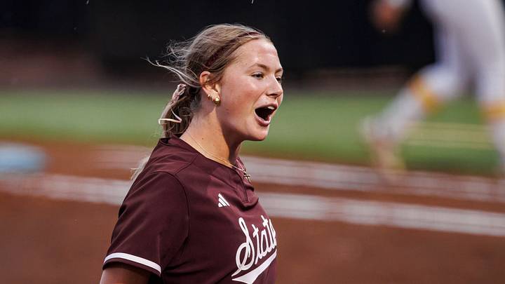 Mississippi State pitcher Alyssa Faircloth celebrates an out a series-opening one win against Ole Miss in Oxford.