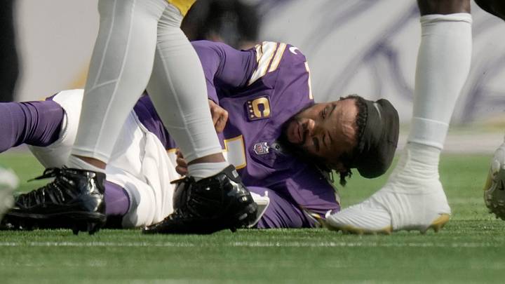Minnesota Vikings quarterback Kyler Murray (1) is injured after a hit by Green Bay Packers safety Javon Bullard during the first quarter of their game on Sept. 13, 2026, at U.S. Bank Stadium in Minneapolis.