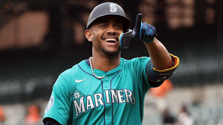 Aug 14, 2025; Baltimore, Maryland, USA; Seattle Mariners outfielder Julio Rodriguez (44) celebrates after hitting a home run during the sixth inning against the Baltimore Orioles at Oriole Park at Camden Yards. Mandatory Credit: Daniel Kucin Jr.-Imagn Images
