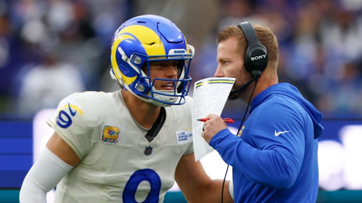 Oct 12, 2025; Baltimore, Maryland, USA; Los Angeles Rams quarterback Matthew Stafford (9) speaks with head coach Sean McVay during the second half of the game against the Baltimore Ravens at M&T Bank Stadium. Mandatory Credit: Peter Casey-Imagn Images Oct 12, 2025; Baltimore, Maryland, USA; Los Angeles Rams quarterback Matthew Stafford (9) speaks with head coach Sean McVay during the second half of the game against the Baltimore Ravens at M&T Bank Stadium. Mandatory Credit: Peter Casey-Imagn Images