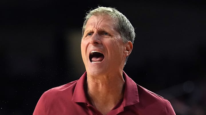 Jan 31, 2026; Los Angeles, California, USA; Southern California Trojans head coach Eric Musselman reacts against the Rutgers Scarlet Knights in the second half at Galen Center. Mandatory Credit: Kirby Lee-Imagn Images