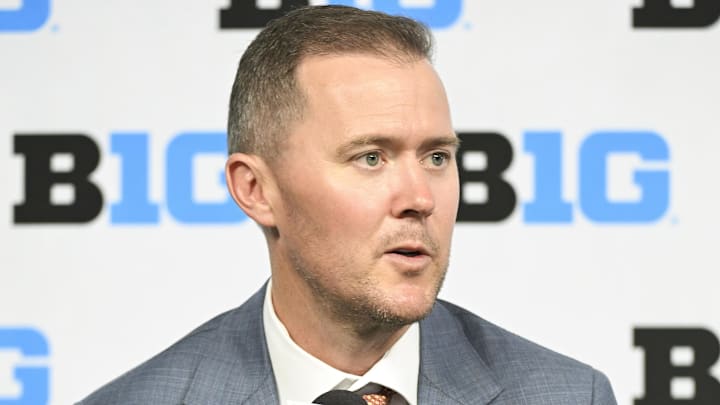 Jul 24, 2024; Indianapolis, IN, USA; USC Trojans head coach Lincoln Riley speaks to the media during the Big 10 football media day at Lucas Oil Stadium. Mandatory Credit: Robert Goddin-Imagn Images