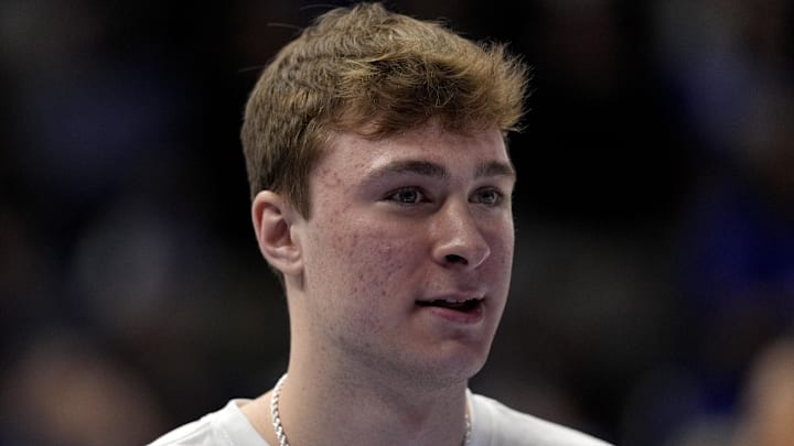 Mar 15, 2025; Charlotte, NC, USA; Duke Blue Devils forward Cooper Flagg (2) before the 2025 ACC Conference Championship game against the Louisville Cardinals at Spectrum Center. Mandatory Credit: Jim Dedmon-Imagn Images