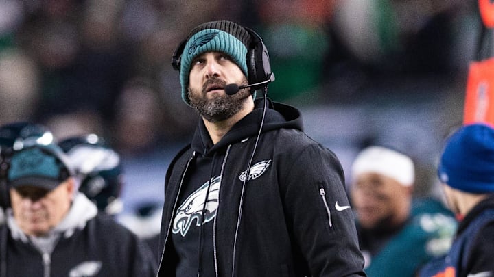 Dec 15, 2024; Philadelphia, Pennsylvania, USA; Philadelphia Eagles head coach Nick Sirianni looks on against the Pittsburgh Steelers at Lincoln Financial Field. Mandatory Credit: Bill Streicher-Imagn Images