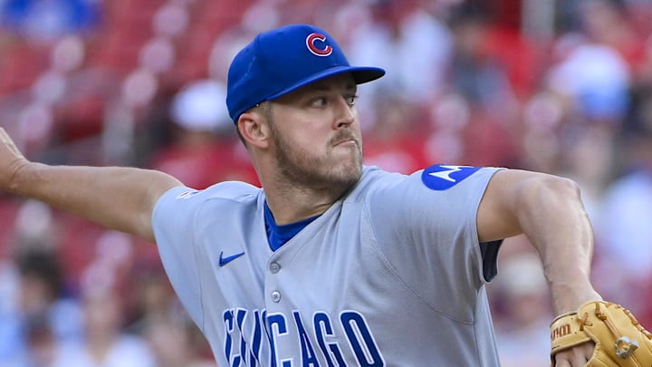 Jun 24, 2025; St. Louis, Missouri, USA;  Chicago Cubs starting pitcher Jameson Taillon (50) pitches against the St. Louis Cardinals during the first inning at Busch Stadium. 