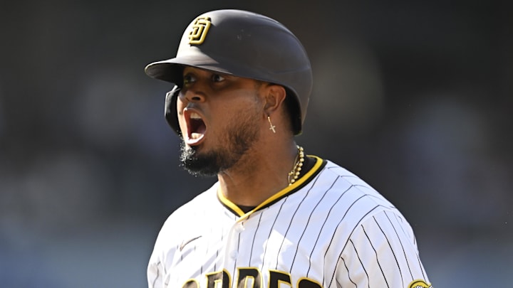 Sep 1, 2025; San Diego, California, USA; San Diego Padres designated hitter Luis Arraez (4) celebrates after hitting an RBI single during the second inning against the Baltimore Orioles at Petco Park. Mandatory Credit: Denis Poroy-Imagn Images