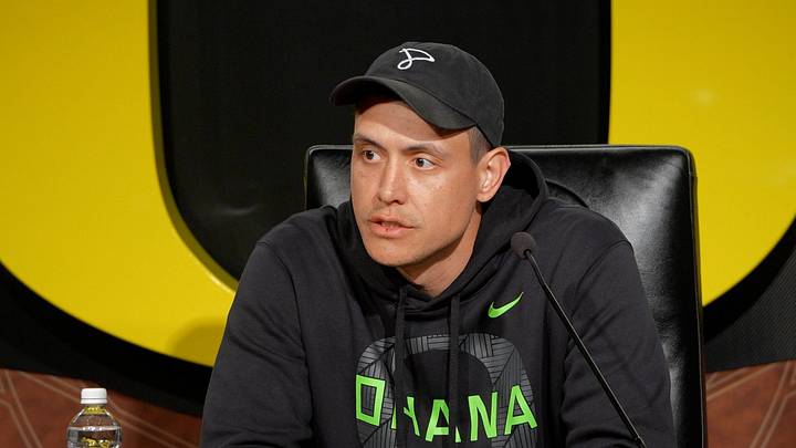Oregon quarterbacks coach Koa Ka'ai speaks to media on April 7, 2026, in Eugene, Oregon. Oregon quarterbacks coach Koa Ka'ai speaks to media on April 7, 2026, in Eugene, Oregon.