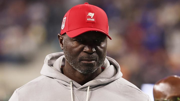 Nov 23, 2025; Inglewood, California, USA; Tampa Bay Buccaneers head coach and defensive coordinator Todd Bowles walks off the field during halftime against the Los Angeles Rams at SoFi Stadium. Mandatory Credit: Kiyoshi Mio-Imagn Images
