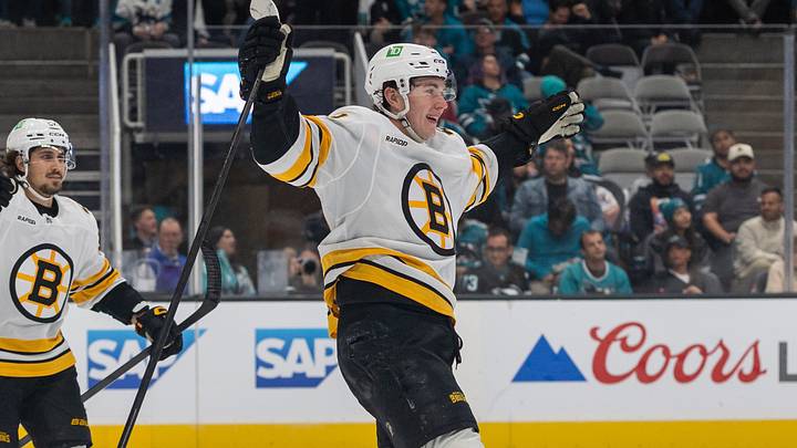 Oct 13, 2026; San Jose, California, USA;  Boston Bruins center Fraser Minten (93) celebrates after scoring a goal during the third period against the San Jose Sharks at SAP Center at San Jose.  Mandatory Credit: Stan Szeto-Imagn Images