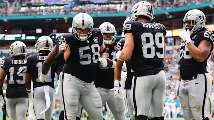 Nov 17, 2024; Miami Gardens, Florida, USA; Las Vegas Raiders tight end Brock Bowers (89) celebrates with guard Jackson Powers-Johnson (58) after scoring a touchdown against the Miami Dolphins during the third quarter at Hard Rock Stadium. Mandatory Credit: Sam Navarro-Imagn Images Nov 17, 2024; Miami Gardens, Florida, USA; Las Vegas Raiders tight end Brock Bowers (89) celebrates with guard Jackson Powers-Johnson (58) after scoring a touchdown against the Miami Dolphins during the third quarter at Hard Rock Stadium. Mandatory Credit: Sam Navarro-Imagn Images