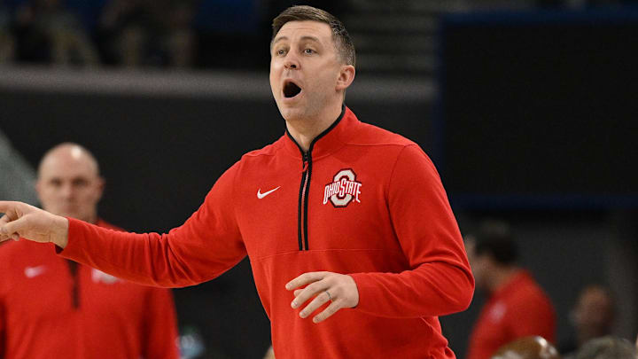 Feb 23, 2025; Los Angeles, California, USA; Ohio State Buckeyes head coach Jake Diebler yells to his players during the first half against the UCLA Bruins at Pauley Pavilion presented by Wescom. Mandatory Credit: Robert Hanashiro-Imagn Images