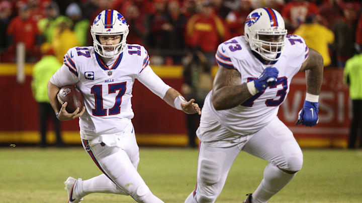 Buffalo Bills quarterback Josh Allen and offensive tackle Dion Dawkins. Buffalo Bills quarterback Josh Allen and offensive tackle Dion Dawkins.