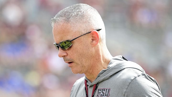 Sep 14, 2024; Tallahassee, Florida, USA; Florida State Seminoles head coach Mike Norvell before a game against the Memphis Tigers at Doak S. Campbell Stadium. Mandatory Credit: Melina Myers-Imagn Images