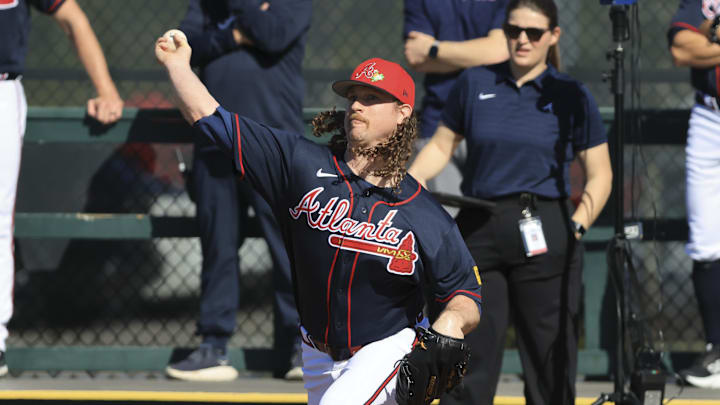 Feb 10, 2026; North Port, FL, USA;  Atlanta Braves pitcher Grant Holmes (66) works out during spring training workouts. Mandatory Credit: Kim Klement Neitzel-Imagn Images