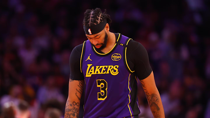 Oct 28, 2024; Phoenix, Arizona, USA; Los Angeles Lakers forward Anthony Davis (3) reacts against the Phoenix Suns at Footprint Center. Mandatory Credit: Mark J. Rebilas-Imagn Images