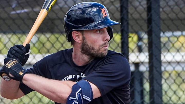 Detroit Tigers outfielder Austin Slater bats at live batting practice during spring training at TigerTown in Lakeland, Fla. on Thursday, Feb. 19, 2026.