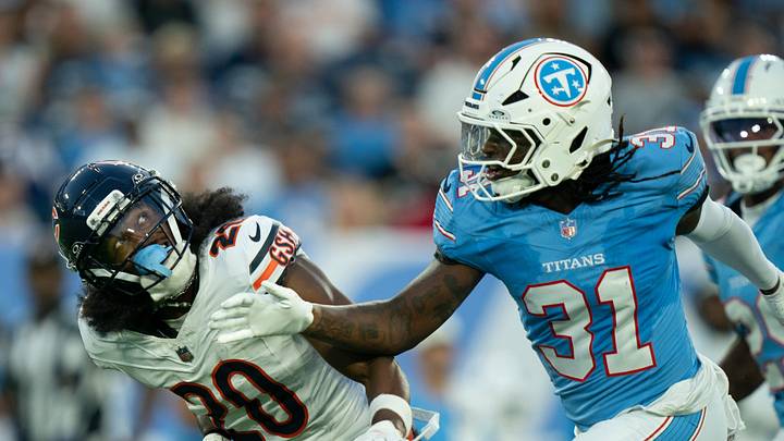 Chicago’s Ray-Ray McCloud III (20) looks for a pass while guarded by Tennessee safety Bishop Fitzgerald (31) during their preseason game at Nissan Stadium Saturday, Aug. 29, 2026.
