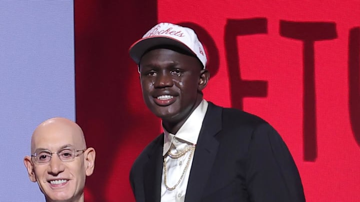 Jun 25, 2025; Brooklyn, NY, USA;  Khaman Maluach stands with NBA commissioner Adam Silver after being selected as the tenth pick by the Houston Rockets in the first round of the 2025 NBA Draft at Barclays Center. Mandatory Credit: Brad Penner-Imagn Images