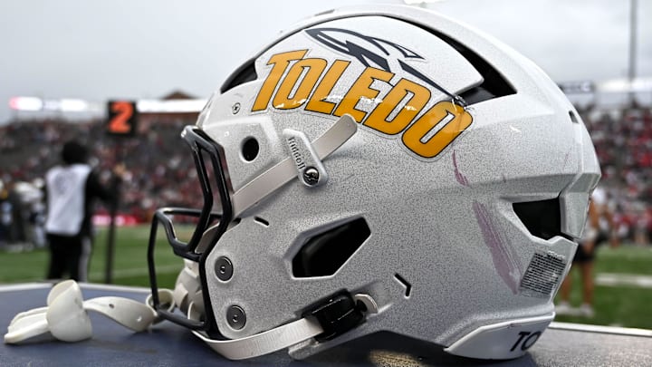 Oct 25, 2025; Pullman, Washington, USA; Toledo Rockets helmet sits during a game against the Washington State Cougars in the second half at Gesa Field at Martin Stadium.