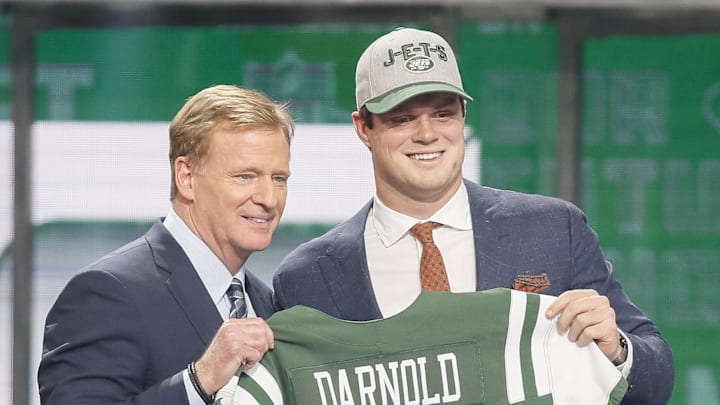 Apr 26, 2018; Arlington, TX, USA; Sam Darnold (Southern California) is greeted by NFL commissioner Roger Goodell after being selected as the number three overall pick to the New York Jets in the first round of the 2018 NFL Draft at AT&T Stadium.  Mandatory Credit: Tim Heitman-Imagn Images