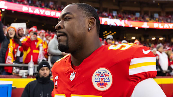 Jan 26, 2025; Kansas City, MO, USA; Kansas City Chiefs defensive tackle Chris Jones (95) against the Buffalo Bills during the AFC Championship game at GEHA Field at Arrowhead Stadium. Mandatory Credit: Mark J. Rebilas-Imagn Images