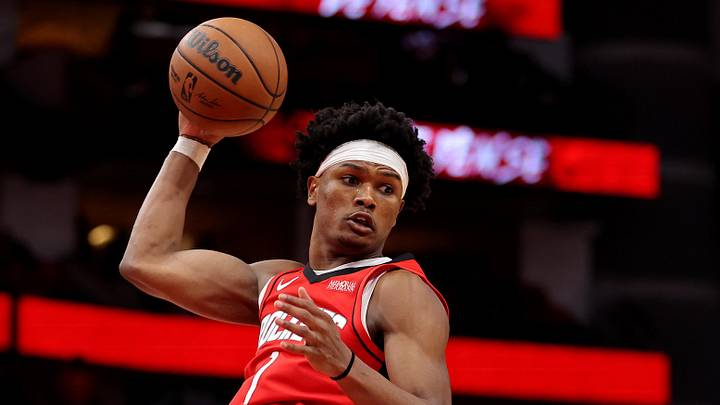 May 1, 2026; Houston, Texas, USA; Houston Rockets guard Amen Thompson (1) rebounds against the Los Angeles Lakers during the third quarter of game six of the first round of the 2026 NBA Playoffs at Toyota Center. Mandatory Credit: Erik Williams-Imagn Images
