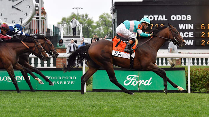 Zulu Kingdom, with jockey Flavien Prat up, leads the pack to the finish line to win the 34th running of The American Turf, Saturday, May 3, 2025 in Louisville Ky.